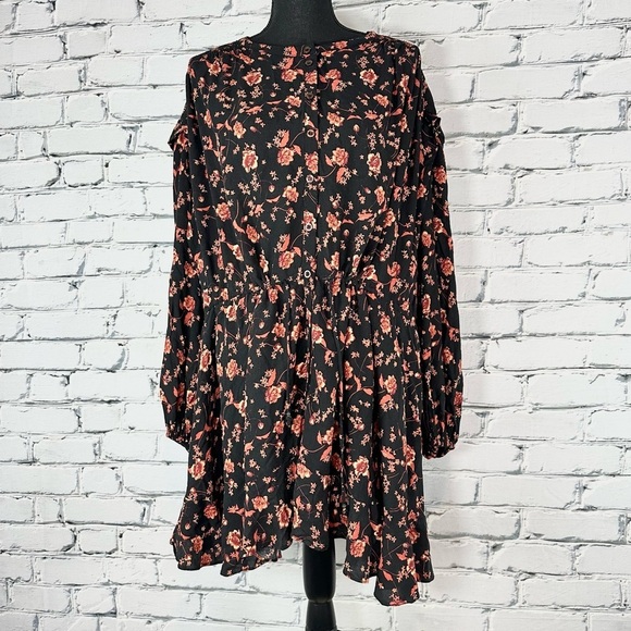 Free People Women’s Flower Fields Black Mini Dress Medium Fall Floral Oversized - Picture 2 of 16